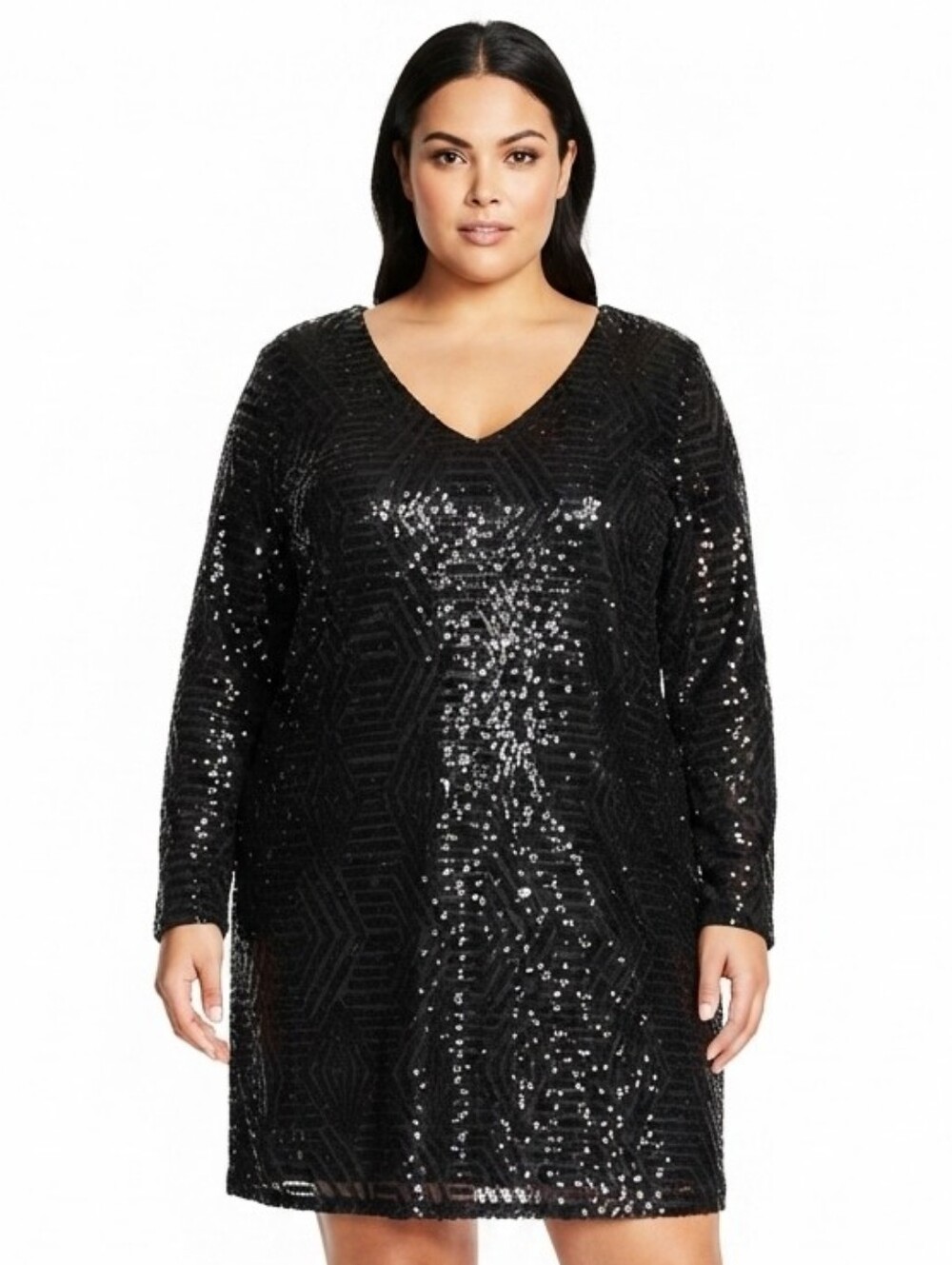 City Chic Black Sequin Geometric V-Neck Long Sleeve Dress